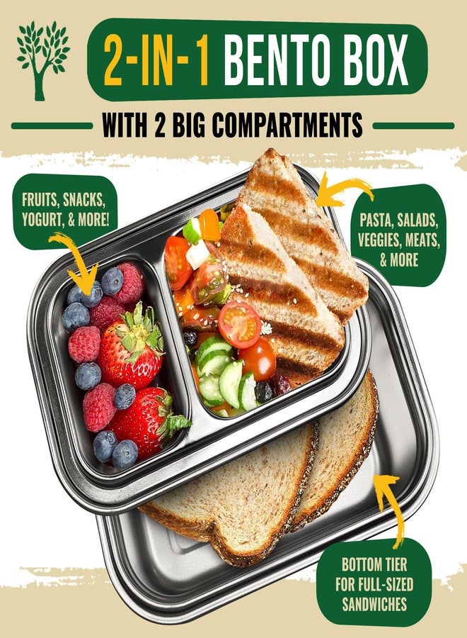 GreenLunch Bento علبة طعام بينتو من الفولاذ المقاوم للصدأ من جرين لانش، خالية من مادة BPA، مزودة بأكياس للوجبات الخفيفة، مقاومة للكسر، مناسبة للبالغين والأطفال، مزودة بأقفال محكمة الإغلاق - مثالية للمدرسة والمكتب - أزرق - Image 2